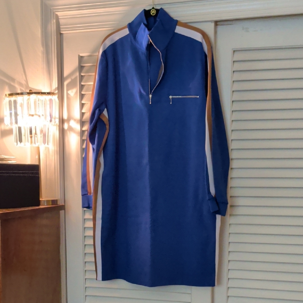 Tory Burch Blue Midi Dress with White and Tan Accents